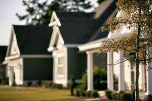 A row of homes with a tree in the foreground.