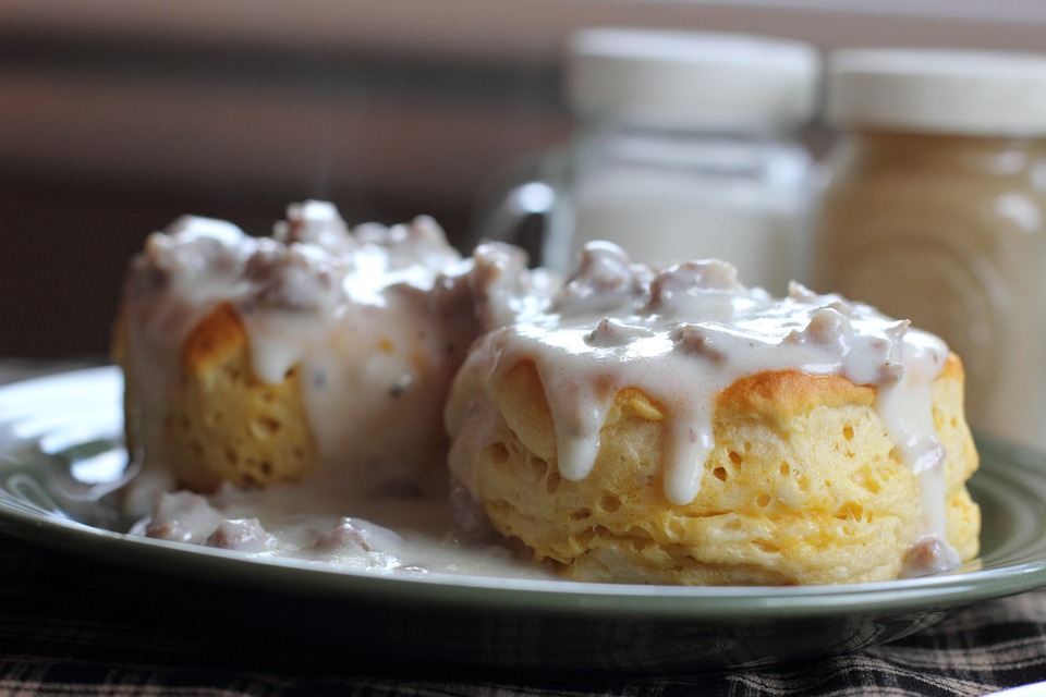 Homemade biscuits and gravy comfort foods.