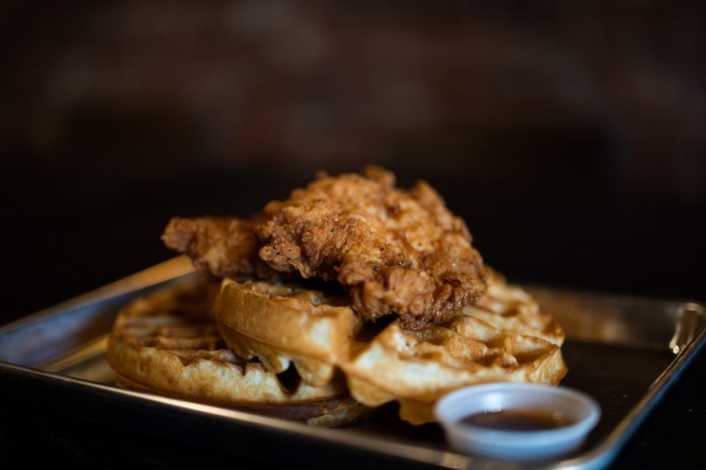 Chicken and waffles comfort foods. 